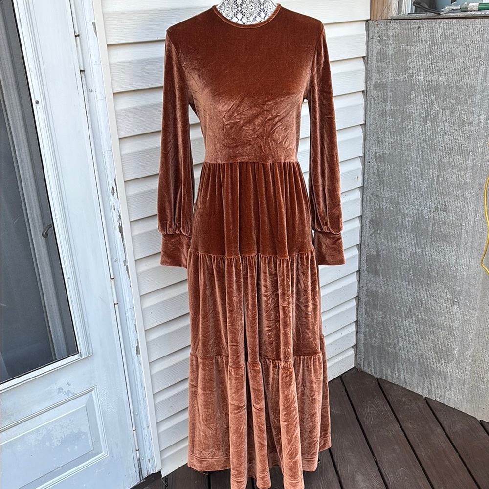 Third by Cee Ladies Brown Orange Velvet Victorian midi dress-S-Amazing!